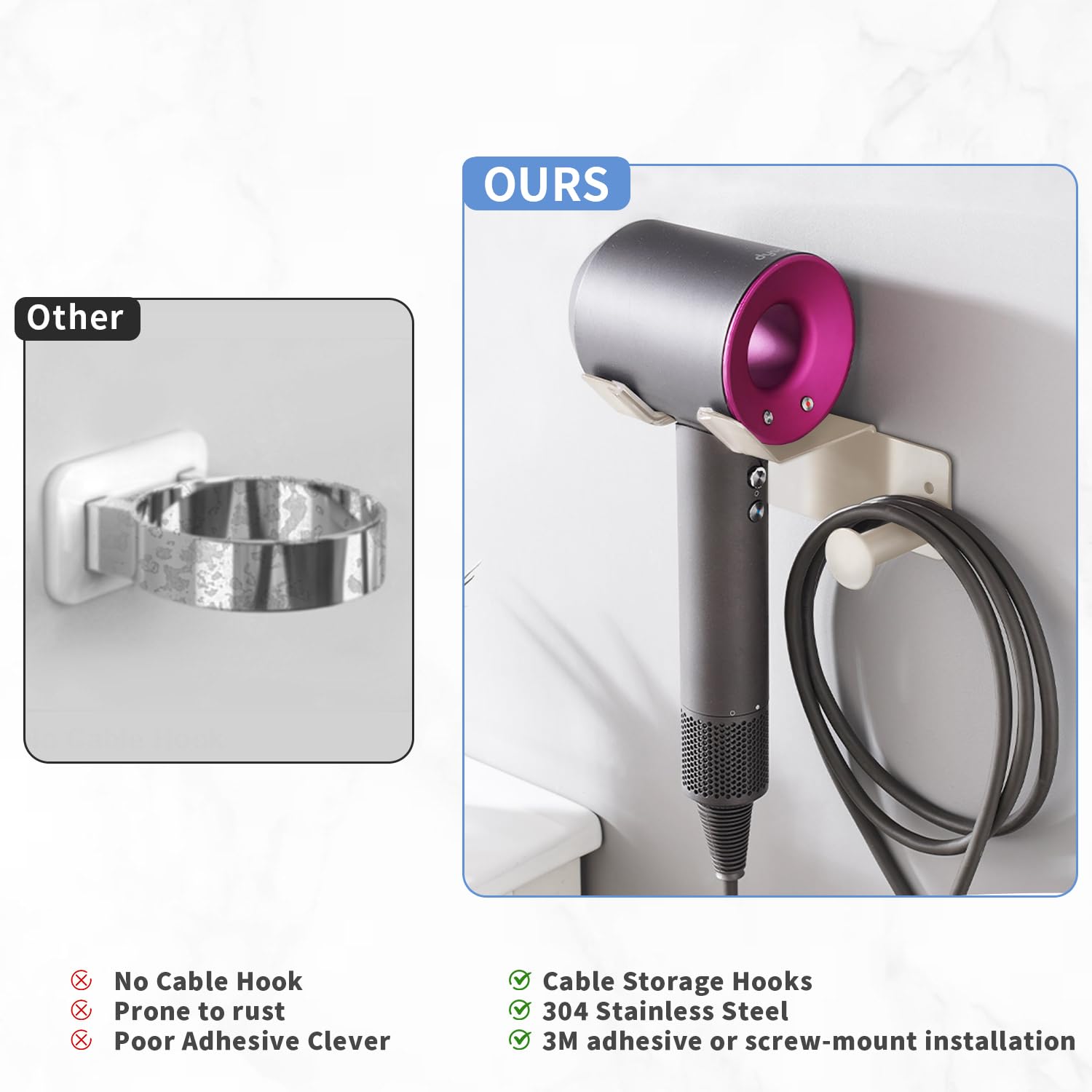 Hair Dryer Holder Stainless Steel, Blow Dryer Holder Self Adhesive, Dyson Hair Dryer Holder Wall Mounted Compatible with Dyson, Hairdryer Holder for Bathroom White PTALSEAW