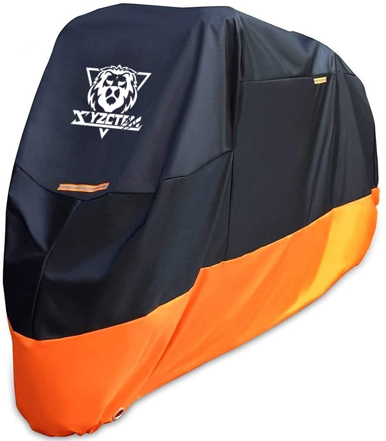 XYZCTEM Motorcycle Cover – All Season Waterproof Outdoor Protection – Fit up to 116 inch Tour Bikes, Choppers and Cruisers – Protect Against Dust, Debris, Rain and Weather(XXXL,Black& Orange)