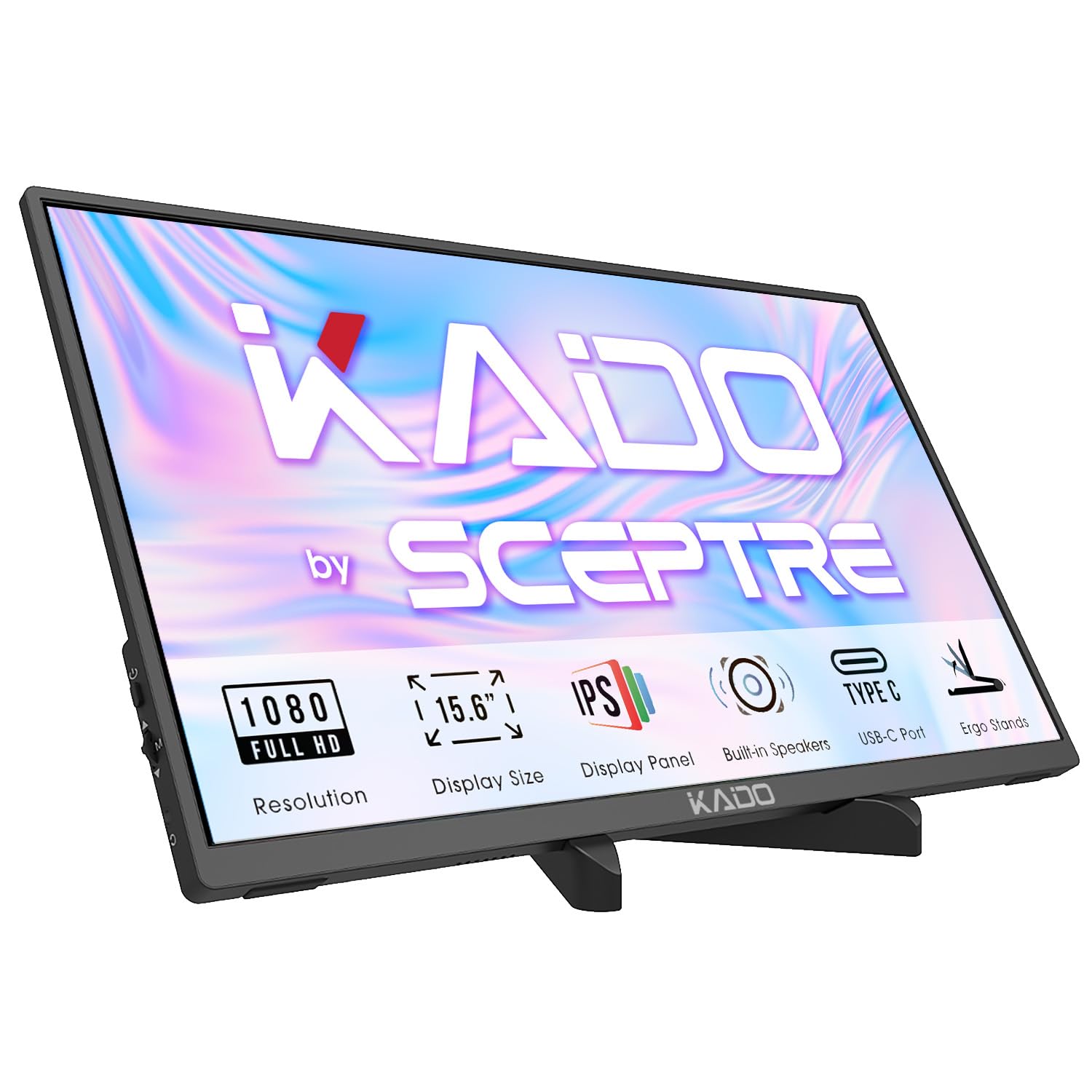 Kado Portable Monitor for Laptop, 15.6" IPS 1920x1080 HDMI Dual USB Type-C Laptop Screen Extender Second Display Ergo Stand Built-In Speakers for PC, Mac, Tablet, Xbox, PS4/PS5 and Switch (K165W-FPNT)
