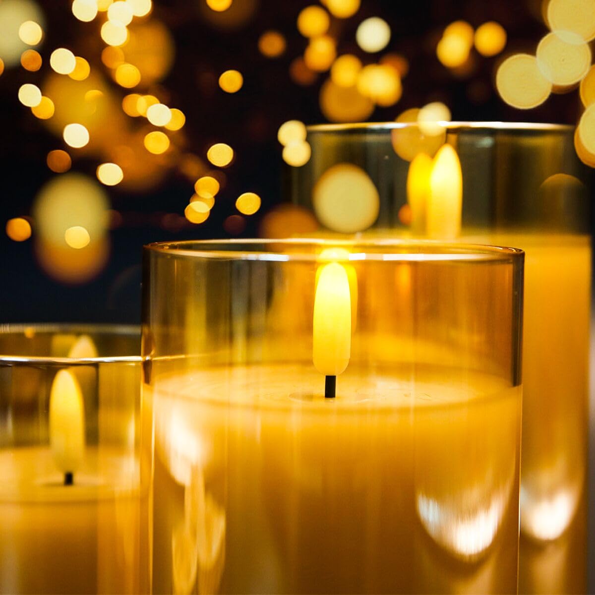 Gold Glass Flameless Candles Flickering with Remote, Timer, Battery Operated Moving Wick Realistic Warm Light Real Wax LED Candles for Party, Wedding, Festival Tabletop Decoration - Set of 3