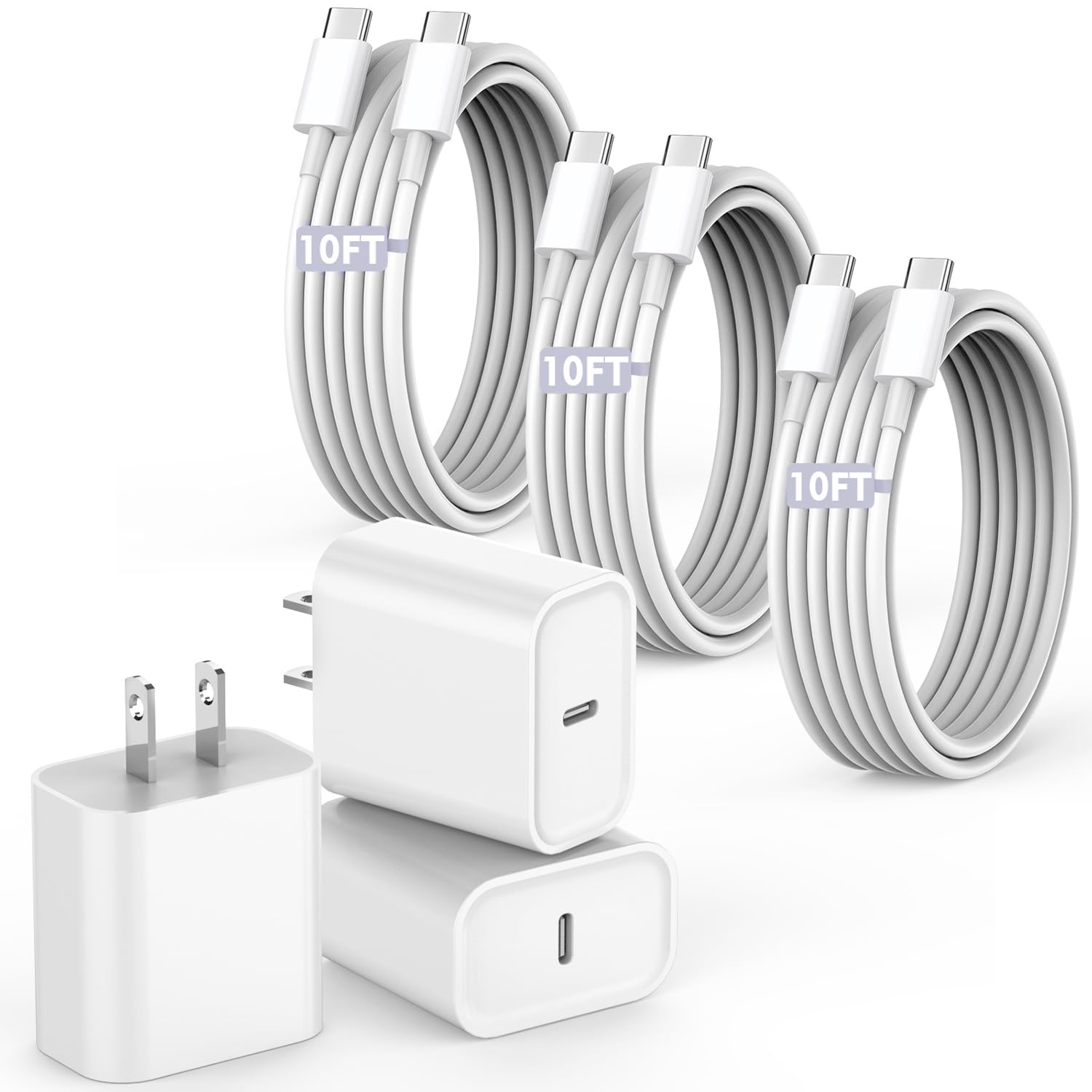 10FT Fast Charging Cord for iPhone 16 15,3Pack Extra Long 10Foot USB C to Type C Charger Cable 20W USB C Charger Block Cube Super Quick Charging for iPhone 16 15 Pro/Plus/Pro/Pro Max,iPad Pro/Air/Mini