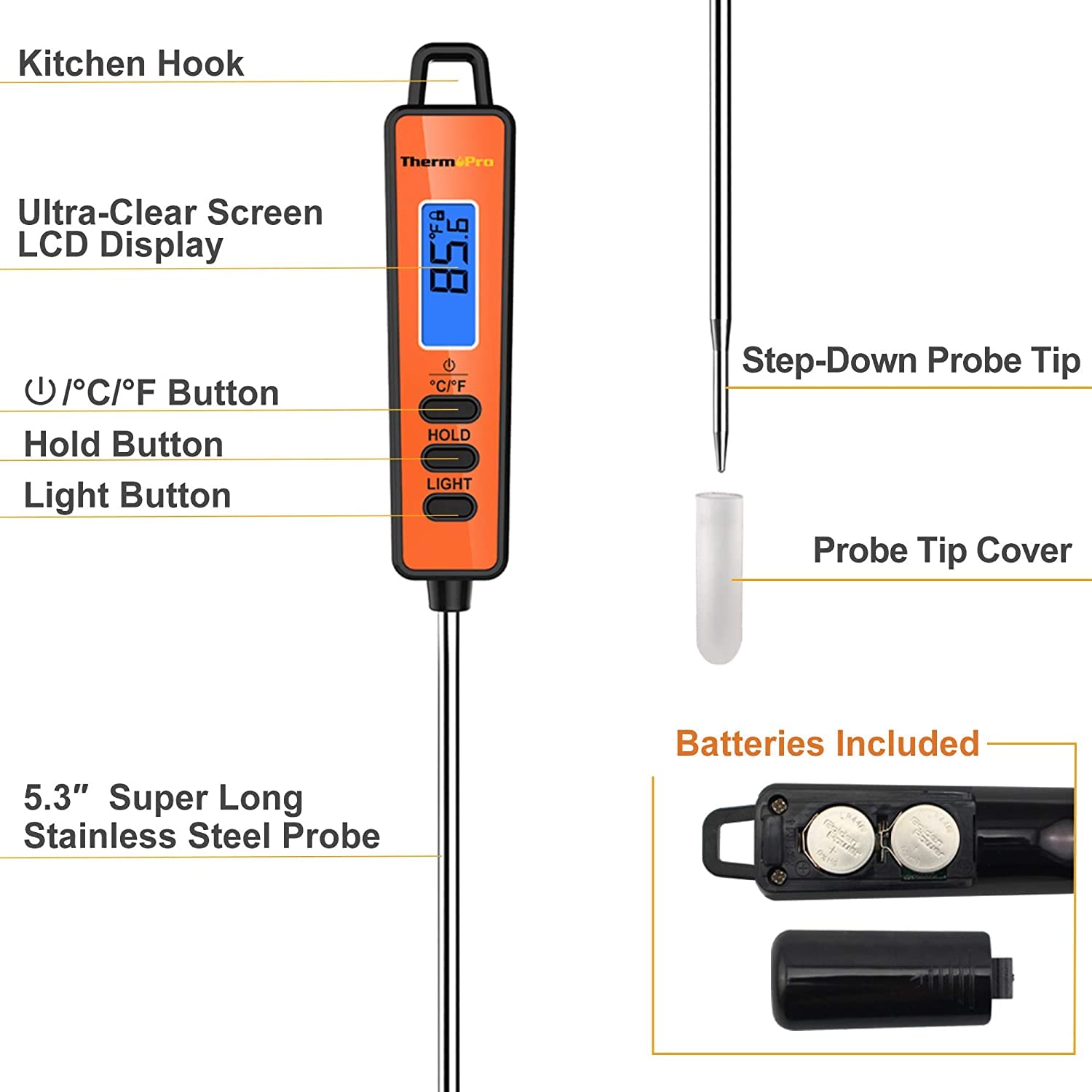 ThermoPro TP01A Digital Meat Thermometer for Cooking Candle Liquid Deep Frying Oil Candy, Kitchen Food Instant Read Thermometer with Super Long Probe, Backlit, Lock Function