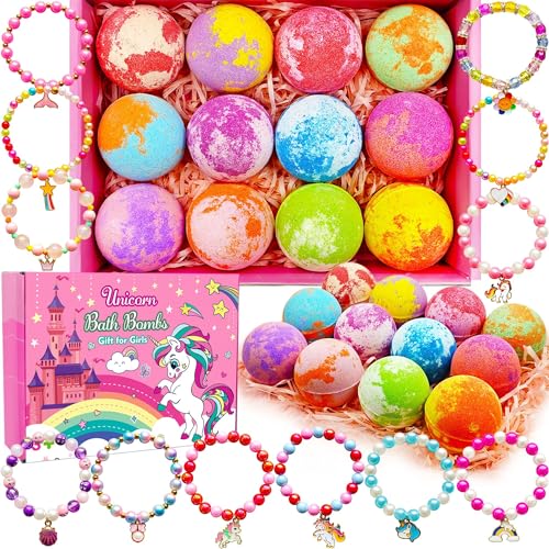 Unicorn Bath Bombs for Kids Girls 3 4 5 6 7 8 Years Old Birthday Gift for Girls Bath Bombs with Toys Surprise Jewelry Inside for Kids Toddler Girl Birthday Christmas Easter Present