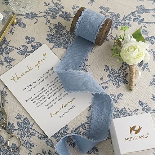 HUIHUANG Dusty Blue Cotton Linen Ribbon 1.5 Inch Handmande Rustic Frayed Edge Ribbon on Wooden Spool Fringe Fabric Ribbon for Wedding Bridal Bouquet, Invitation Tie, Baby Shower, Gift Wrap - 5 Yards