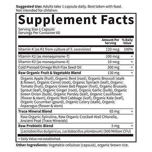 Garden of Life Vitamin K2 and K1, Vitamin Code Vegan K Complex Vitamin for Bone Strength and Heart Health, Vitamin K1 and K2, Omega Rich Flax Seed Oil, Trace Minerals, Probiotics, 60 Day Supply