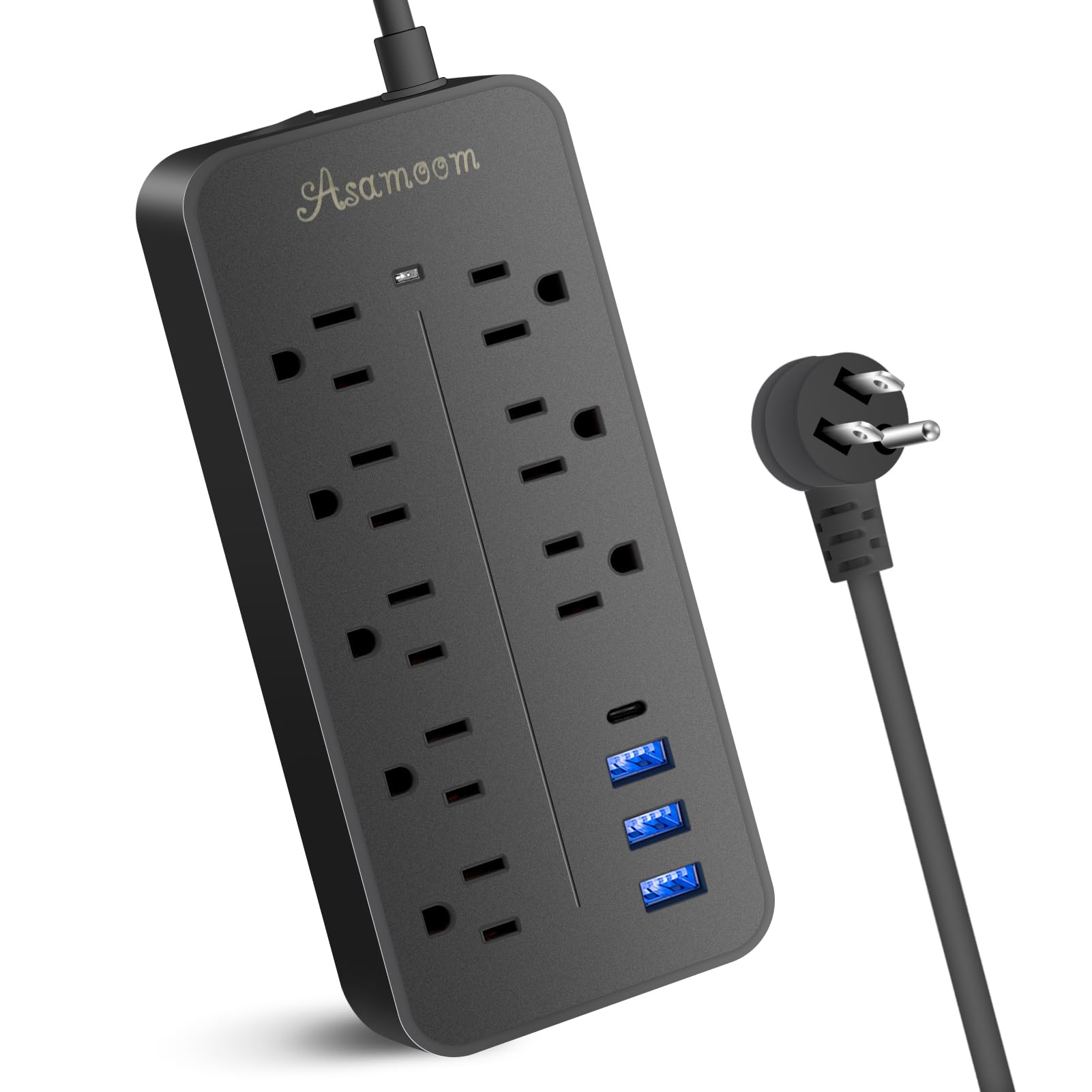25FT Surge Protector Power Strip Extension Cord with USB C, Asamoom Flat Plug Power Strip with Long Cord, 8 Outlets and 3 USB A & 1 USB-C Port,1700J Wall Mount Desk Power Strip for Home Office Black