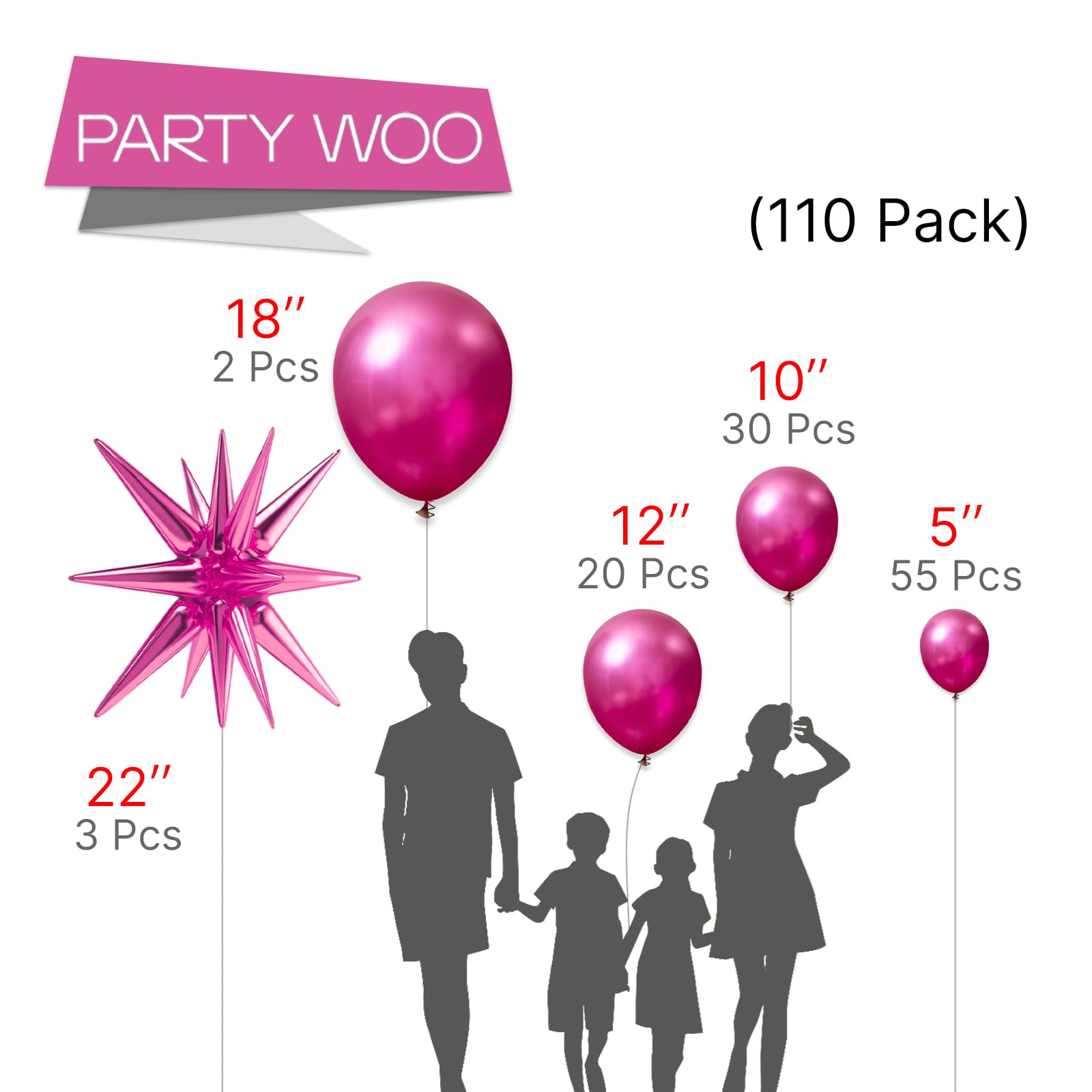 PartyWoo Metallic Pink Balloons 110pcs Different Sizes 18 12 10 5 Inch Pack 22 Inch Rose Pink Starburst Spike Star Foil Mylar Balloon Arch Kit for Birthday Wedding Party Decorations Pink-G114