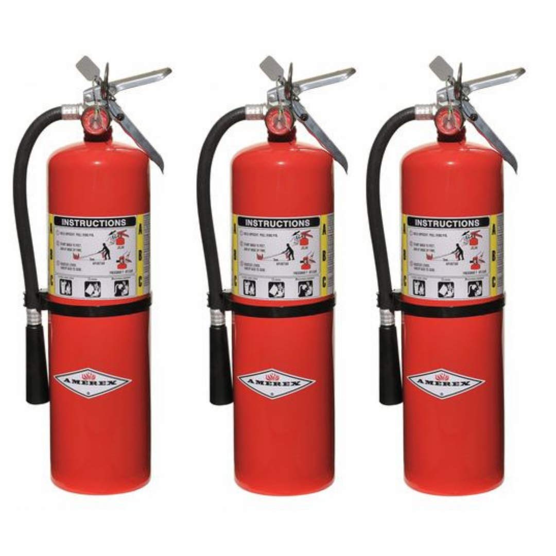 Amerex 10 Pound Stored Pressure ABC Dry Chemical 4A:80B:C Steel Multi-Purpose Fire Extinguisher with Anodized Aluminum Valve, Wall Bracket, Hose and Nozzle (3 Pack)