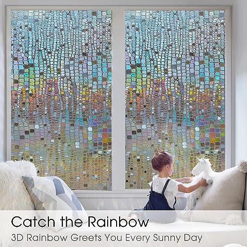 Beautysaid Window Privacy Film Stained Glass 3D Rainbow Prism Window Clings Heat Blocking Window Tint Sun Catchers Peel and Stick Decorative Window Decals Home Bathroom Door(Pure,35.4x118 in)