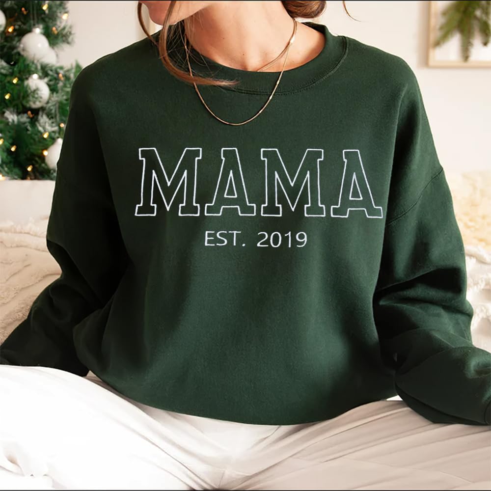 GODMERCH Personalized Embroidered Mama Sweatshirt With Kid Names On Sleeve, Mom Sweatshirt For Women, Gifts For Mom Grandma Mothers Day Christmas, New Mom Gifts