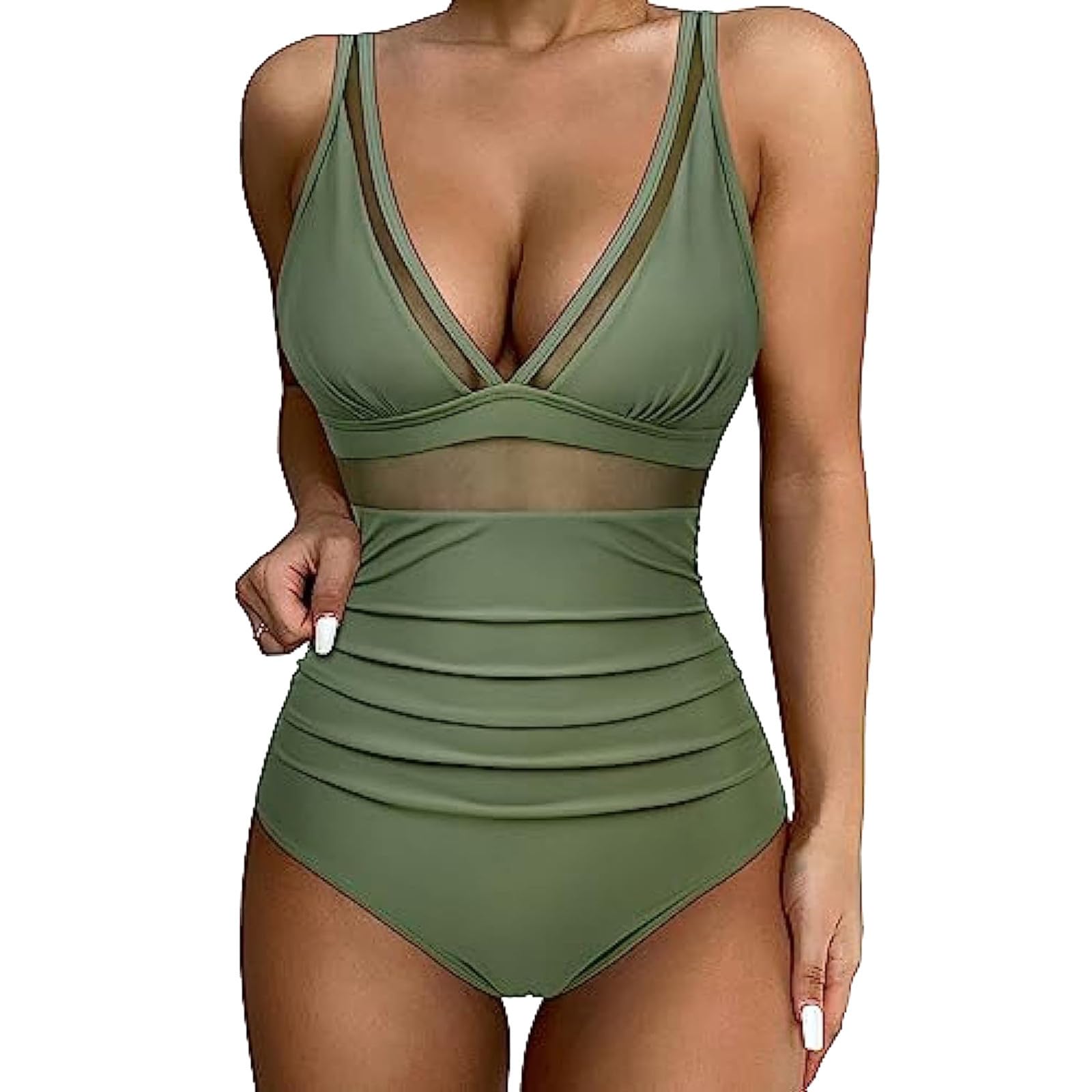 Generic Best Gifts for Women Over 60 Tummy Control Swimsuits for Women One Piece High Waist V Neck Ruched Mesh Bathing Suit Sexy Adjustable Straps Swimwear Ropa para Mujer Liquidación 2024