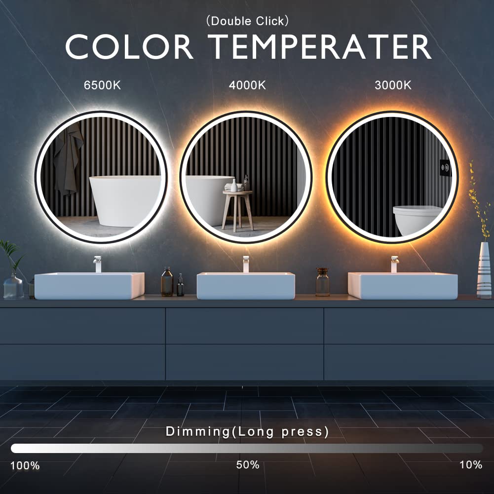 GANPE LED Sensor Mirror, Round Human Body Induction, Black Framed Vanity Mirror, Illuminated Dimmable Anti Fog IP44 Waterproof Wall Mounted Mirror (32" L x 32" W)