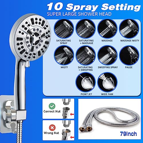 Filtered Shower Head 8" Rain Shower Head with Handheld Spray Dual Filter for Hard Water Rainfall Showerhead with 10 Setting Handheld Built-in 2 Power Wash +12" Shower Extension Arm,79" Hose & 4 Hooks