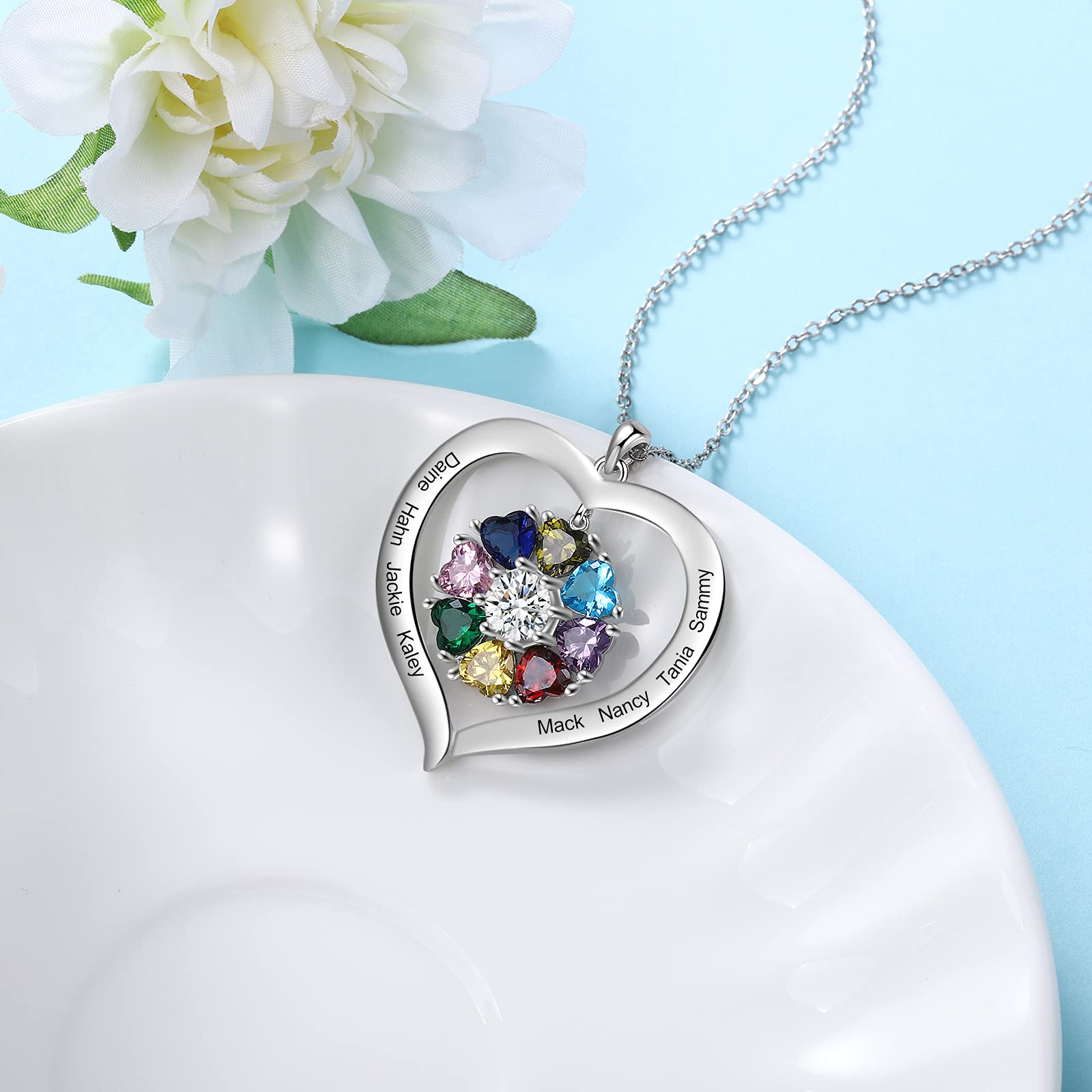 Personalized Names Forever Love Heart Women Necklace with 1-8 Simulated Birthstone Pendant Necklaces for Grandma Family Promise Jewelry Birthday Gift for Her Mom Wife (8 stones)