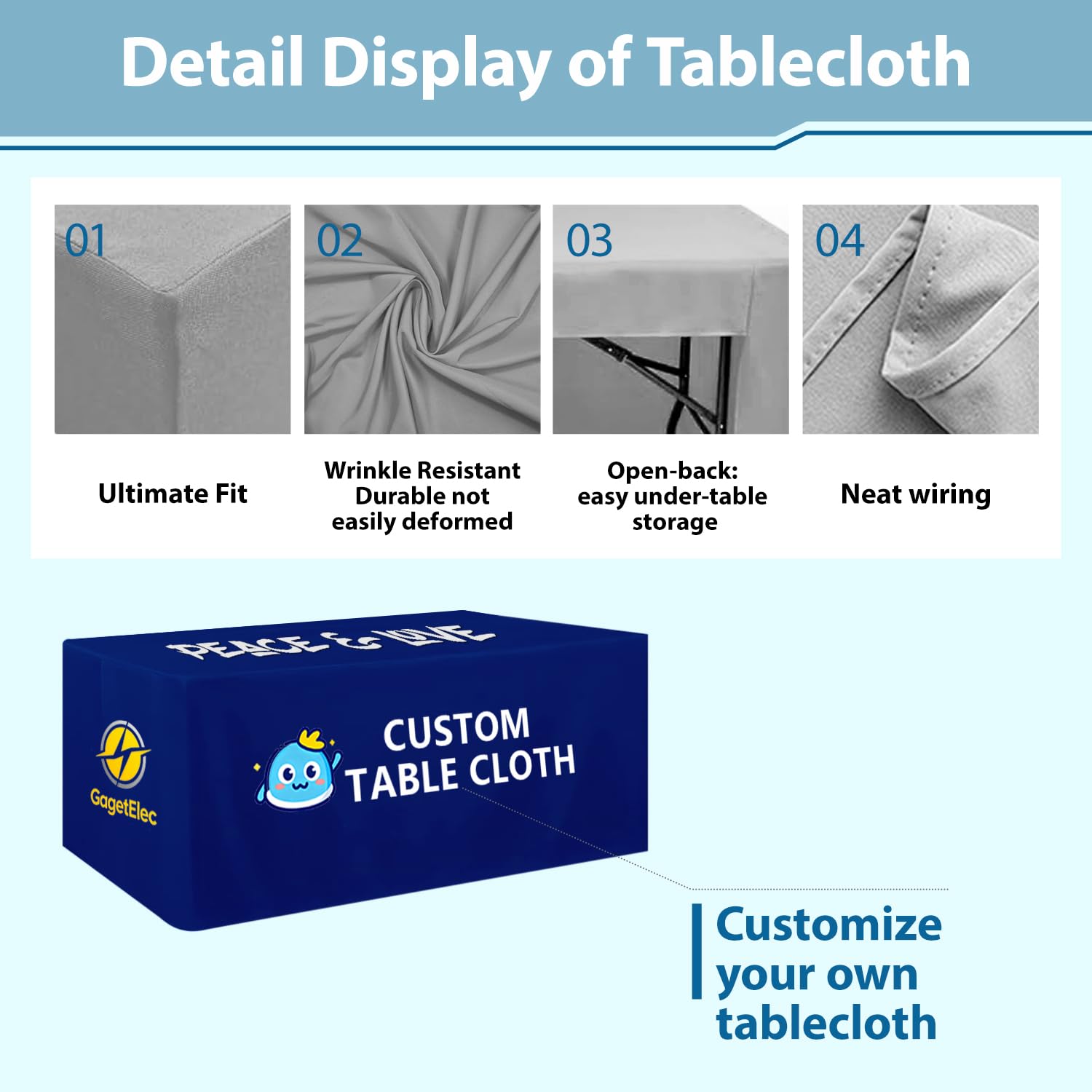 GagetElec Custom Table Cloth with Business Logo - 4FT/5FT/6FT/8FT/10FT Fitted Table Cover, Personalized Tablecloth for Trade Show, Wedding, Birthday, Anniversary & Business Events (4FT Open Back)