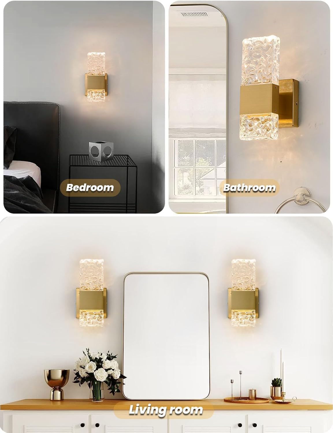 OYLYW Gold Dimmable Crystal Wall Sconces Set of Two Modern Bathroom Vanity Light Fixtures Warm White 3500K Dimmable LED Wall Mounted Sconces for Bathroom Hallway Living Room（2 Pack）