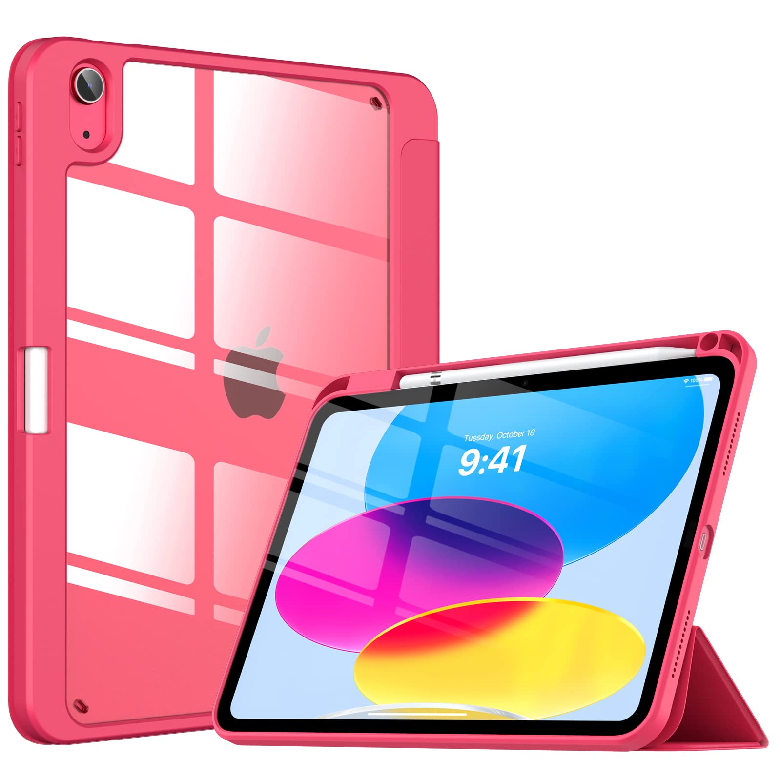 TiMOVO for iPad 10th Generation Case with Pencil Holder iPad 10.9 Inch Case 2022, iPad Case 10th Generation Hybrid Slim Tri-fold Stand Protective Cover with Clear Back for iPad 10, Watermelon Pink