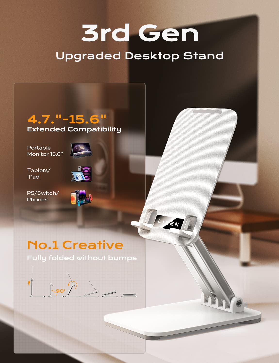 LISEN Adjustable and Foldable Tablet Stand for Desk, Portable and Stable, Compatible with 4.7-15.6 inch Devices