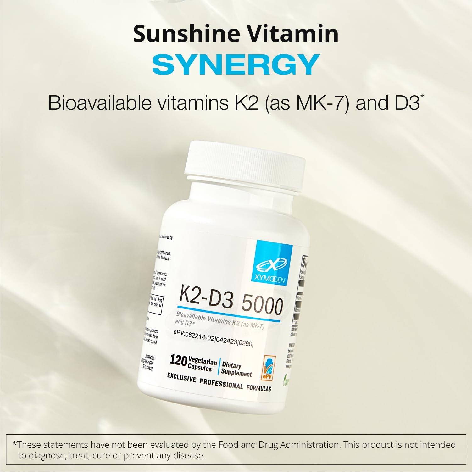 XYMOGEN K2-D3 5000 - Vitamin D3 K2 - Bioavailable Vitamin D 5000 IU (Cholecalciferol) with Vitamin K2 MK-7 - Heart, Arterial, Bone Health + Immune Support Supplement (120 Capsules)