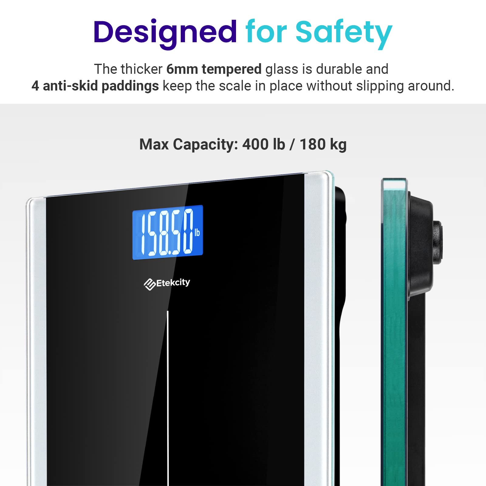 Etekcity Bathroom Scale for Body Weight, Highly Accurate Digital Electronic Weighing Machine for People, LCD Display, Large Size, 6mm Tempered Glass for Safe Home Use, Batteries Included, 400 lbs