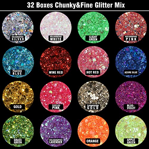 Teenitor Glitter, Rave Festival Chunky and Fine Glitter Mix,32 Colors Iridescent Loose Glitter, Cosmetic Makeup Face Body Hair Glitter