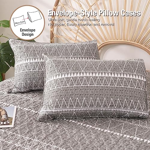Lekesky Grey Quilt Set Queen Size, 3 Pieces (1 Quilt + 2 Pillowcases),Soft Microfiber Lightweight Reversible Bohemian Bedding Quilt for Summer(96 x 90 Inch)