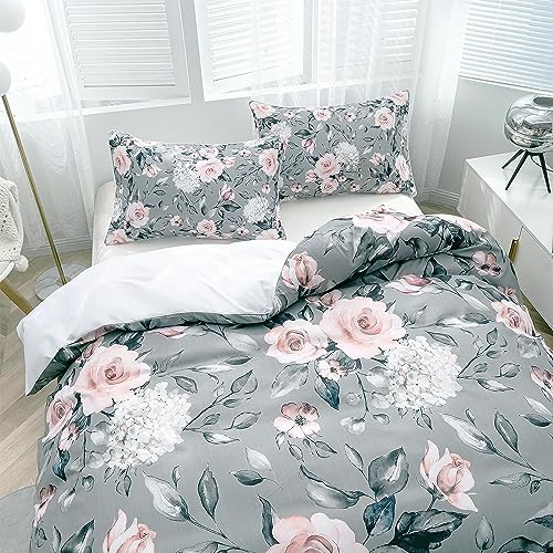 TOPTREE Rose Floral Duvet Cover Full - Aesthetic Garden Pink Floral Bedding Set Modern Trendy Flower Bed Set with Botanical Leaf for Women Aldult（Grey, Full）