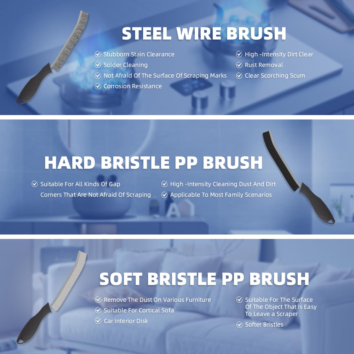 Sxhyf Cleaning Brush Set 3Pcs - Wire Brush, Crevice Cleaning Brush, Home Cleaning Supplies for Removal Dust, Remove Dirt and Rust, Multifunctional Gadgets for Kitchen, Bathroom, Vehicle, Grout
