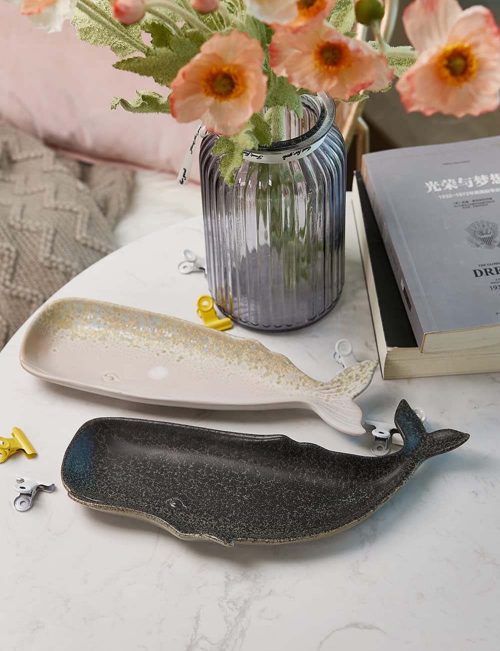 SEINHIJO Candy Dish Jewelry Snack Tray Cookie Nuts Bowl Whale Sculpture Modern Home Decor Gifts Ceramic Arts Crafts 11.5inch