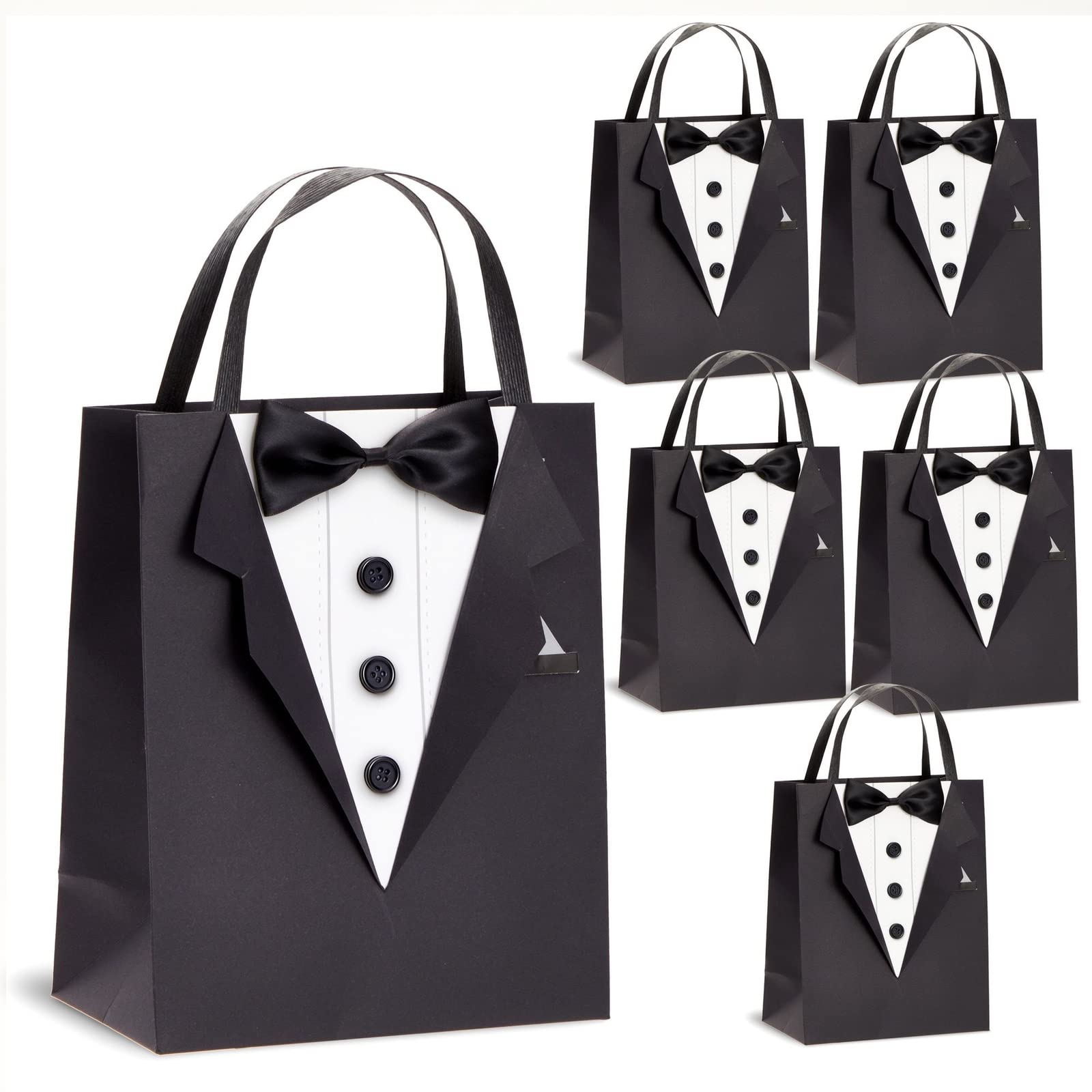 6 Pack Gift Bags with 3D Tuxedo Design, Satin Bow Tie, Real Buttons for Wedding Groomsmen Gifts for Bachelor Birthday, Bachelor Party Gift Favors Celebration (Black, 8 x 4.5 x 10 Inches)