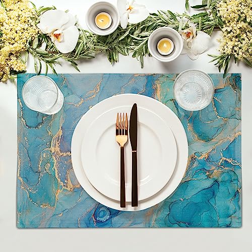 Blue Teal Turquoise Gold Placemats Set of 4,Blue Marble Dining Mat, Rectangle Linen 12 x 18in Non Slip Place Mat for Kitchen Dining Party Decoration