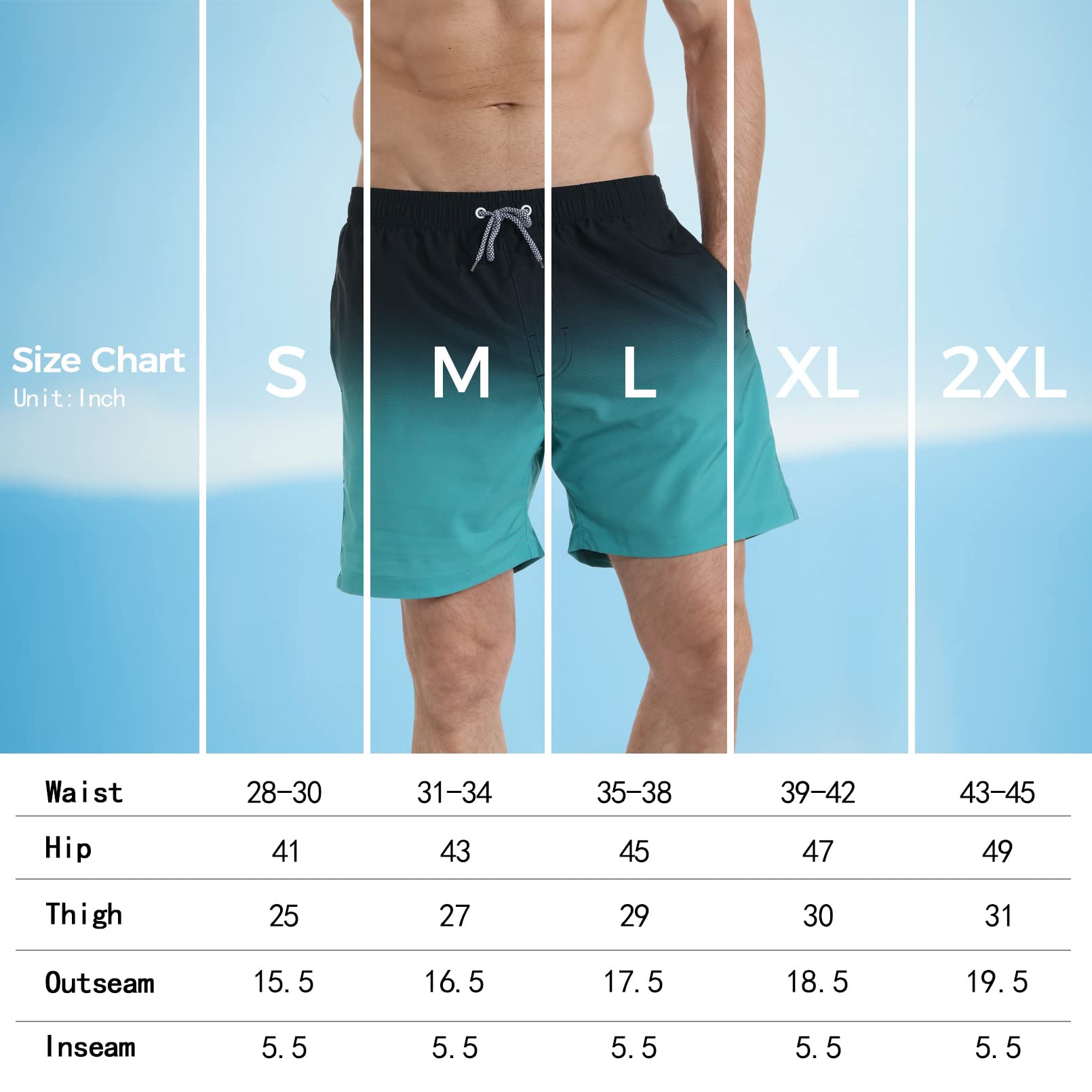 zeetoo Mens Swim Trunks with Compression Liner 5.5" Inseam Swim Shorts Quick Dry Shorts Gradient-Green M