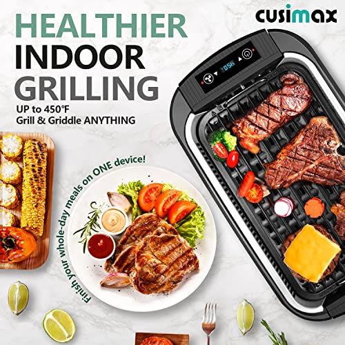 CUSIMAX Indoor Grill, Electric Smokeless Grill, 1500W Korean BBQ Grill, Electric Grill Griddle with LED Smart Display & Tempered Glass Lid, Non-stick Removable Grill Plate & Griddle Plate, Black