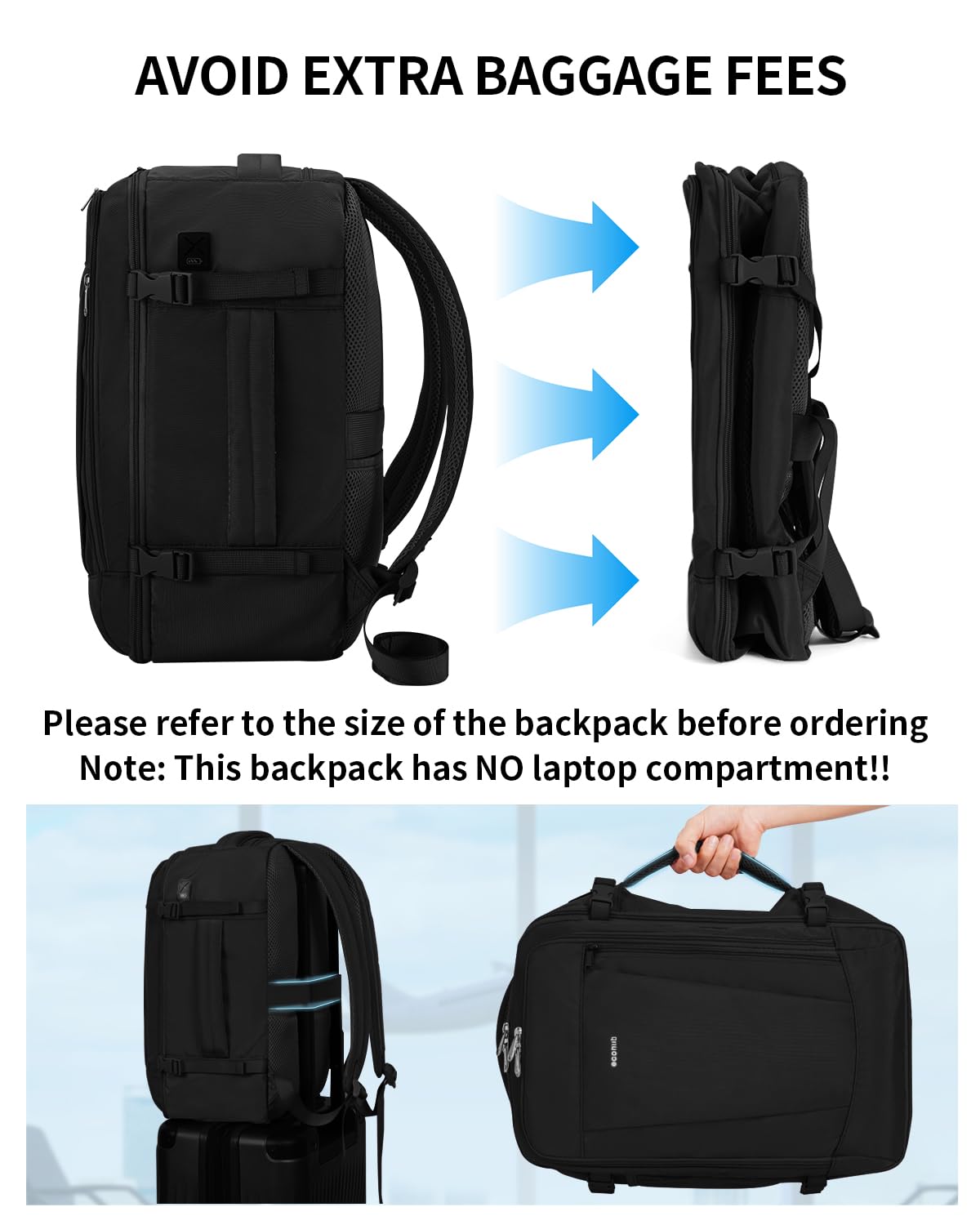 ECOHUB 17'' Travel Backpack, Personal Item Backpack with 13 Pockets, Flight Approved Carry on Backpack with USB Port & Luggage Sleeve, Travel bag for Men & Women, Water Resistant Backpack, Black