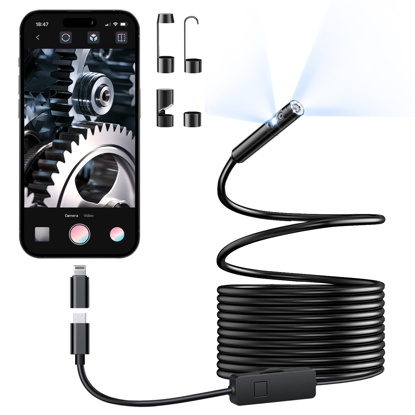 [Dual-Lens] Endoscope Camera with Light, 1920P HD Borescope with 8+1 Adjustable LED Lights, IP67 Waterproof 16.5FT Semi-Rigid Snake Cord Inspection Camera for iPhone, iPad and Android Phone (Type C)