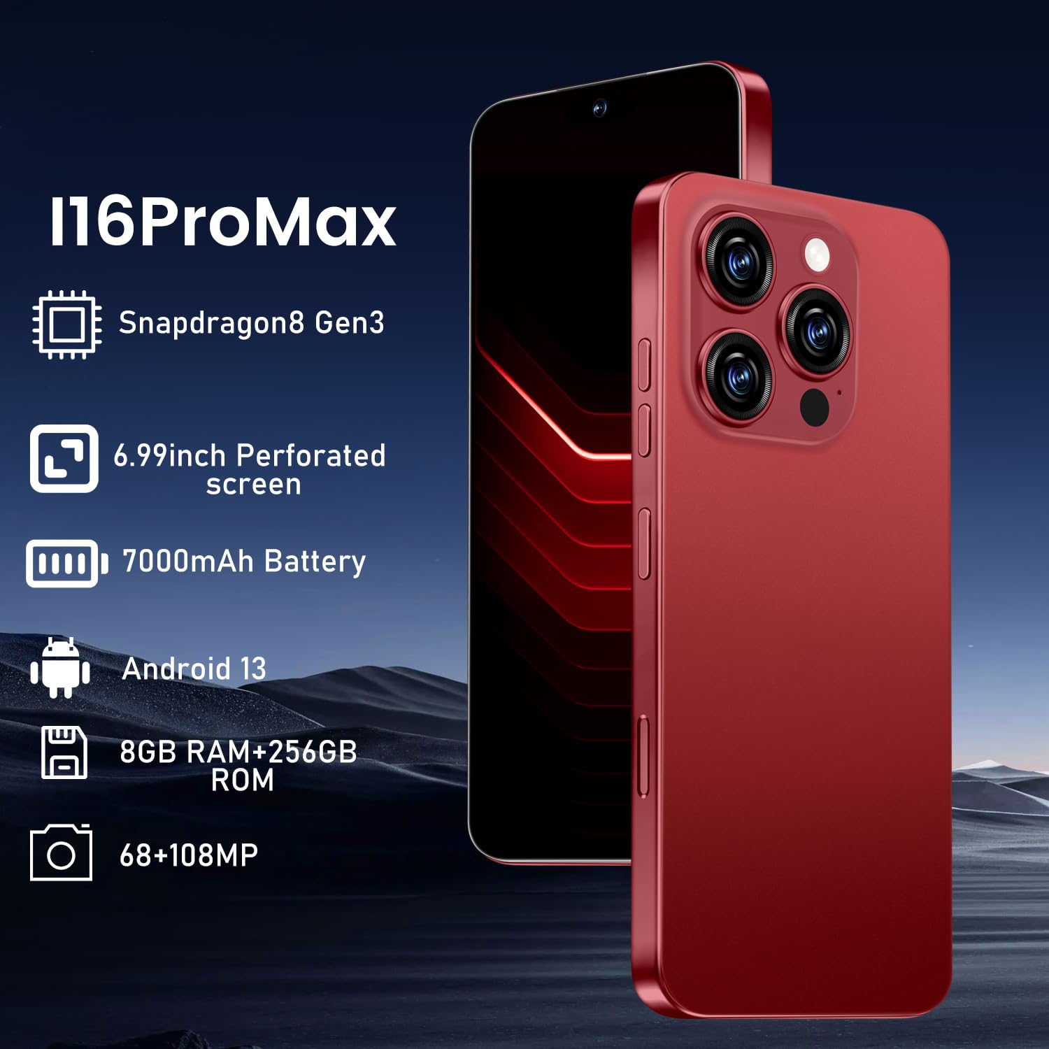 I16 PROMAX 5G Cell Phone,Smartphone Unlocked Cell Phone 8GB+256GB/6.99" Display/68MP+108MP Camera/7000 mAh Battery Super Endurance, Dual SIM Card/Face Unlock/GPS/Fingerprint Button Unlock(Wine Red)