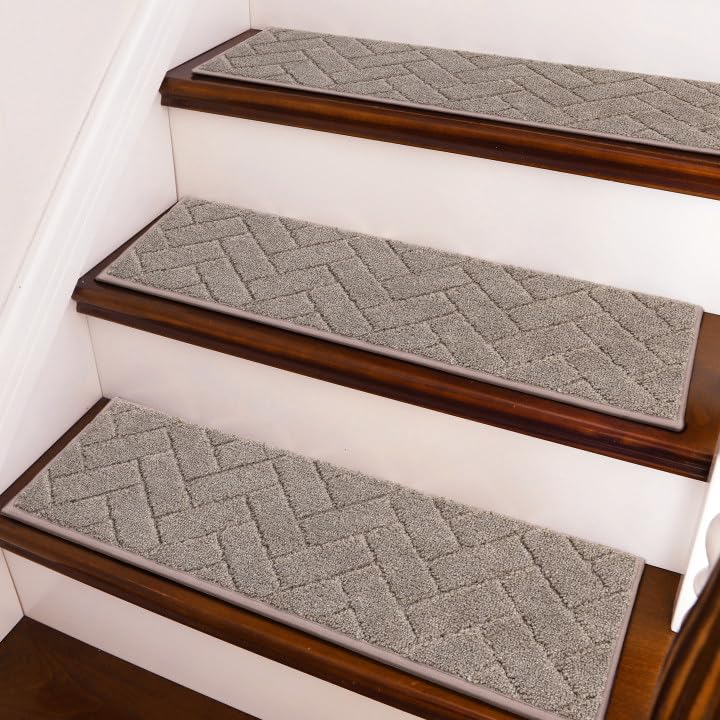 BEQHAUSE Stair Treads Non Slip Stair Runners Step Carpet Mat for Wooden Steps Indoor Machine Washable 28inX9in Edging Polyester Soft Stair Rugs for Kids Elders Pets with TPE Backing(Grey,4pcs)