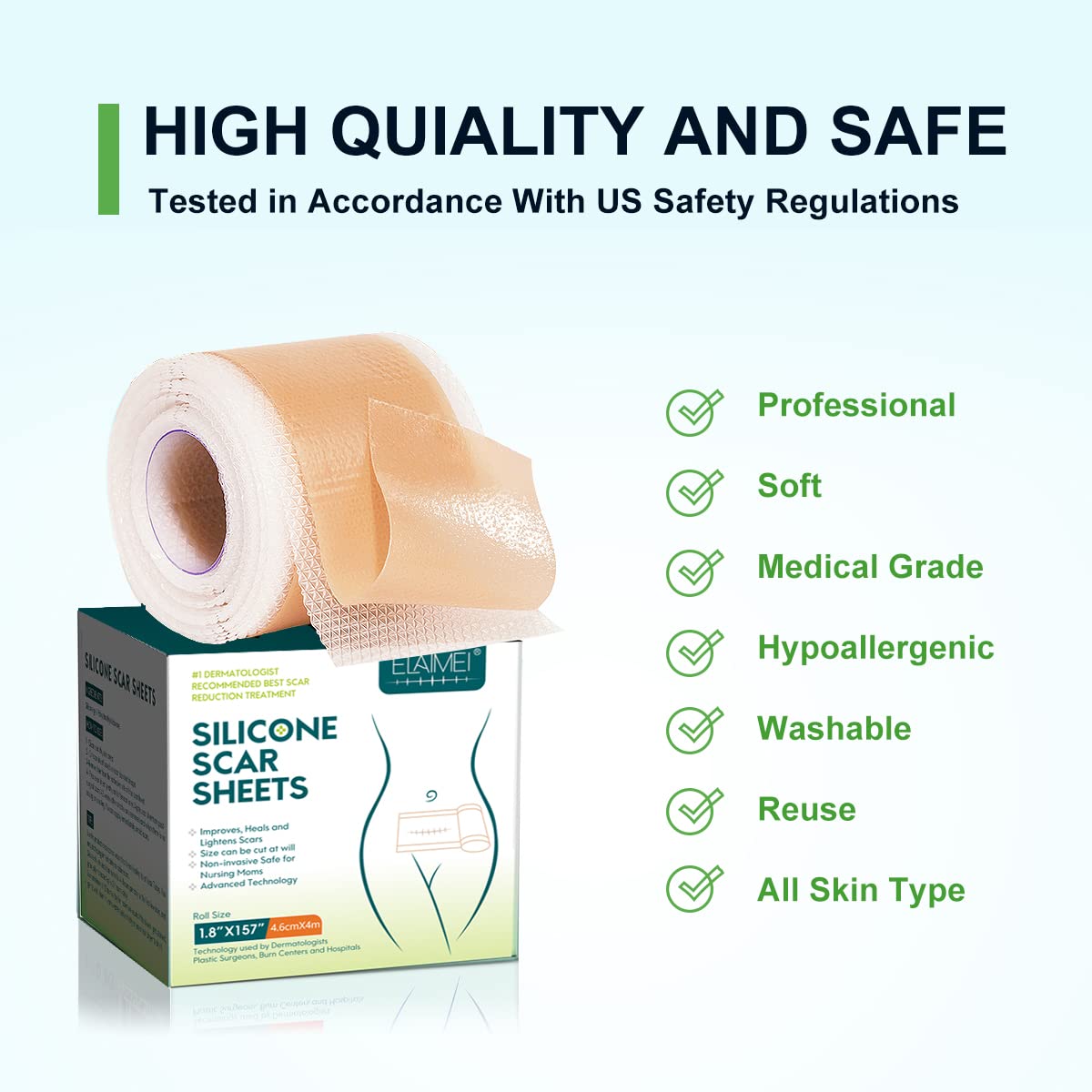 Silicone Scar Sheets(1.8” x 157”Inch- 4M), Scar Tape, Scar Strips, Medical Grade, Scar Remover, C-Section, Surgery, Keloid, Tummy Tuck, Scar Patch.