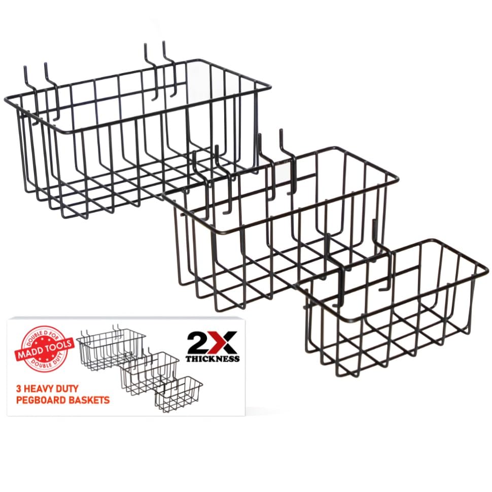 Heavy Duty Peg Board Hook Baskets for ¼ Pegboard Holes, Set of 3 Black Wire Baskets, Extra Thick Metal Fit Snugly in Pegboards with ¼ Inch Holes, ¼” Peg Board Organizer Accessories for Tools and More