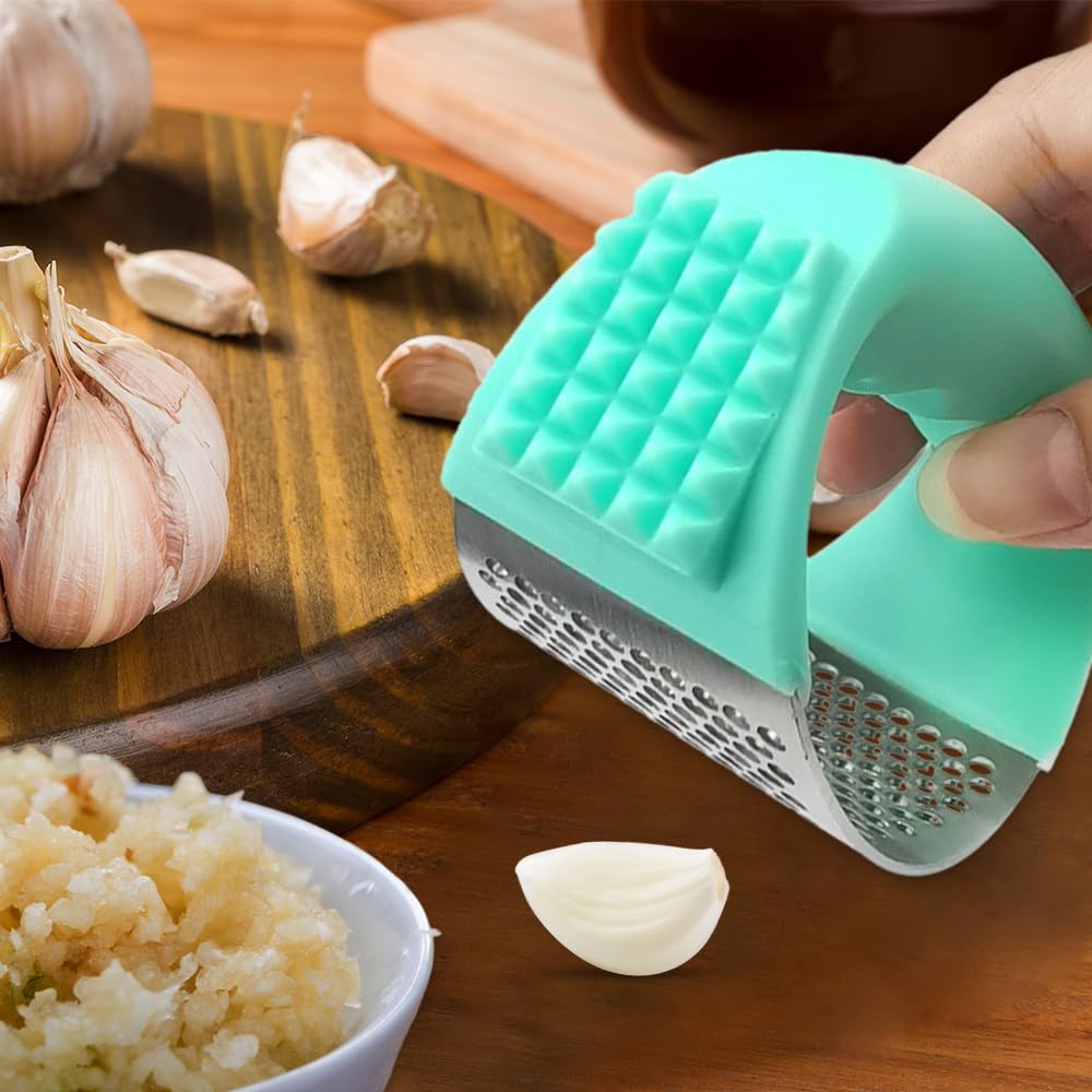 2024 Upgrade Stainless Steel Garlic Presser, Garlic Press Rocker Garlic Mincer Garlic Crusher with Peeler and Cleaning Brush, Stainless Steel Garlic Mincer for Smash Garlic Kitchen Tools (black)