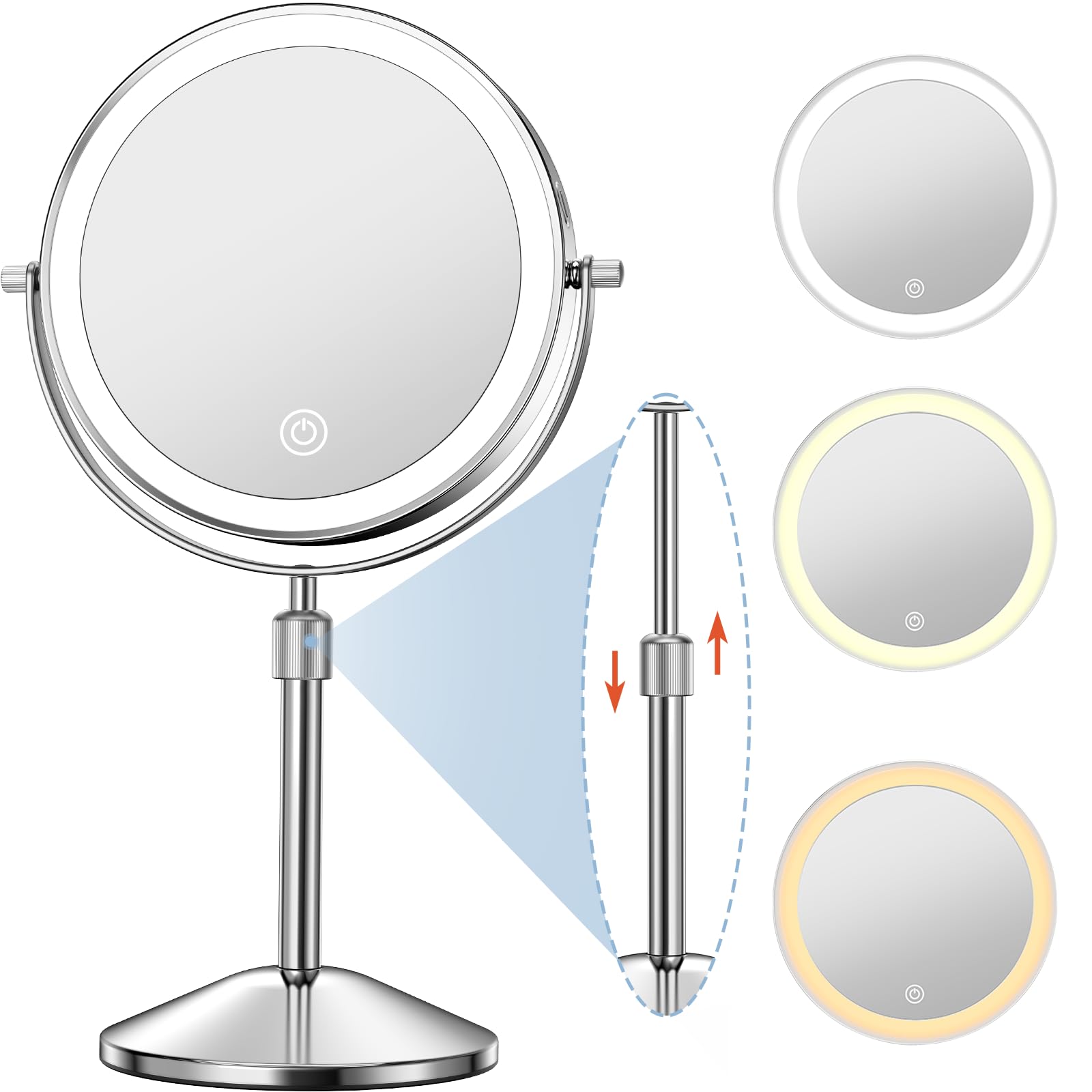 Niuphia Vanity Mirror with Lights 7" Rechargeable 1x/10x Lighted Makeup Mirror Adjustable Height Double Sided Mirror with Lights 360°Rotating Makeup Mirror