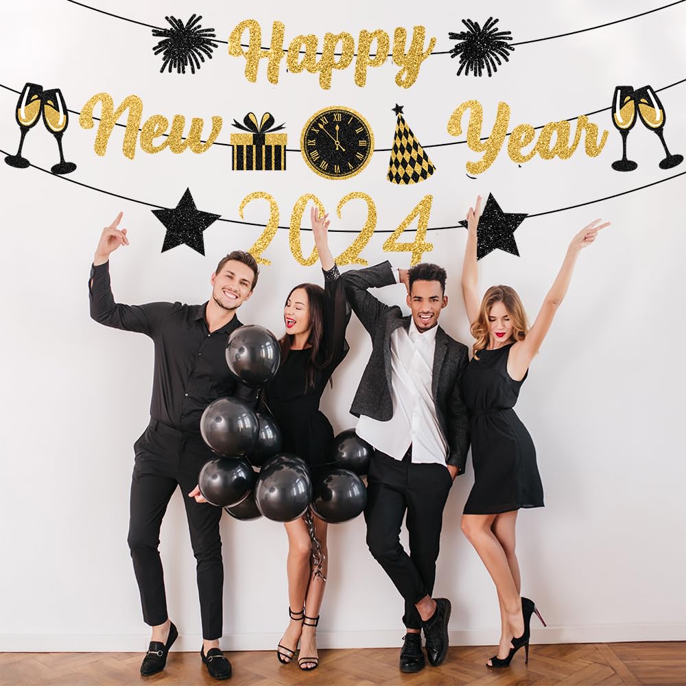 Gold Black New Years Decorations 2025 Glitter Happy New Year Banner New Years Eve Party Supplies New Years Eve Decorations Happy New Year Sign For New Year Party Decorations