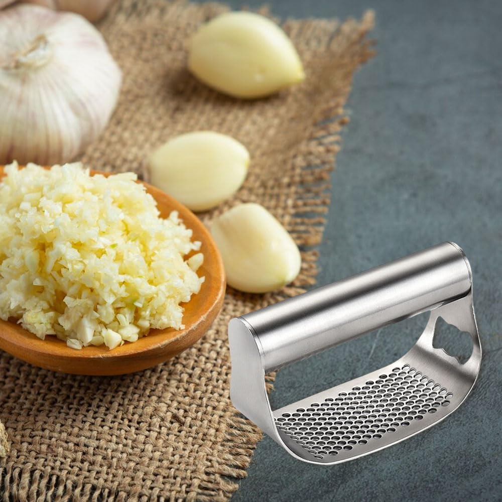 Stainless Steel Garlic Press,2024 Newest Garlic Press Stainless Steel Garlic Mincer Garlic Crusher with Peeler and Cleaning Brush,Handle Garlic Chopper for Smash Garlic Kitchen Tools (A)