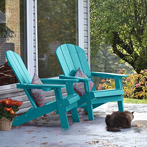 YEFU Adirondack Chair, Oversized Plastic Adirondack Chair Folding Outdoor Chairs with Cup Holder, Lawn Chair with Weather Resistant for Outside Deck Lawn Garden, Weight Capacity Up to 400 Lbs –Aruba