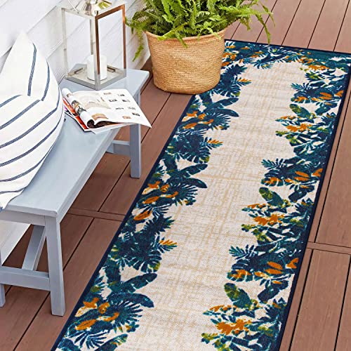 Rugshop Contemporary Floral Border Non-Shedding Outdoor Rugs for Deck,Patio,Backyard Indoor/Outdoor Runner Rug 2' x 7' Multi