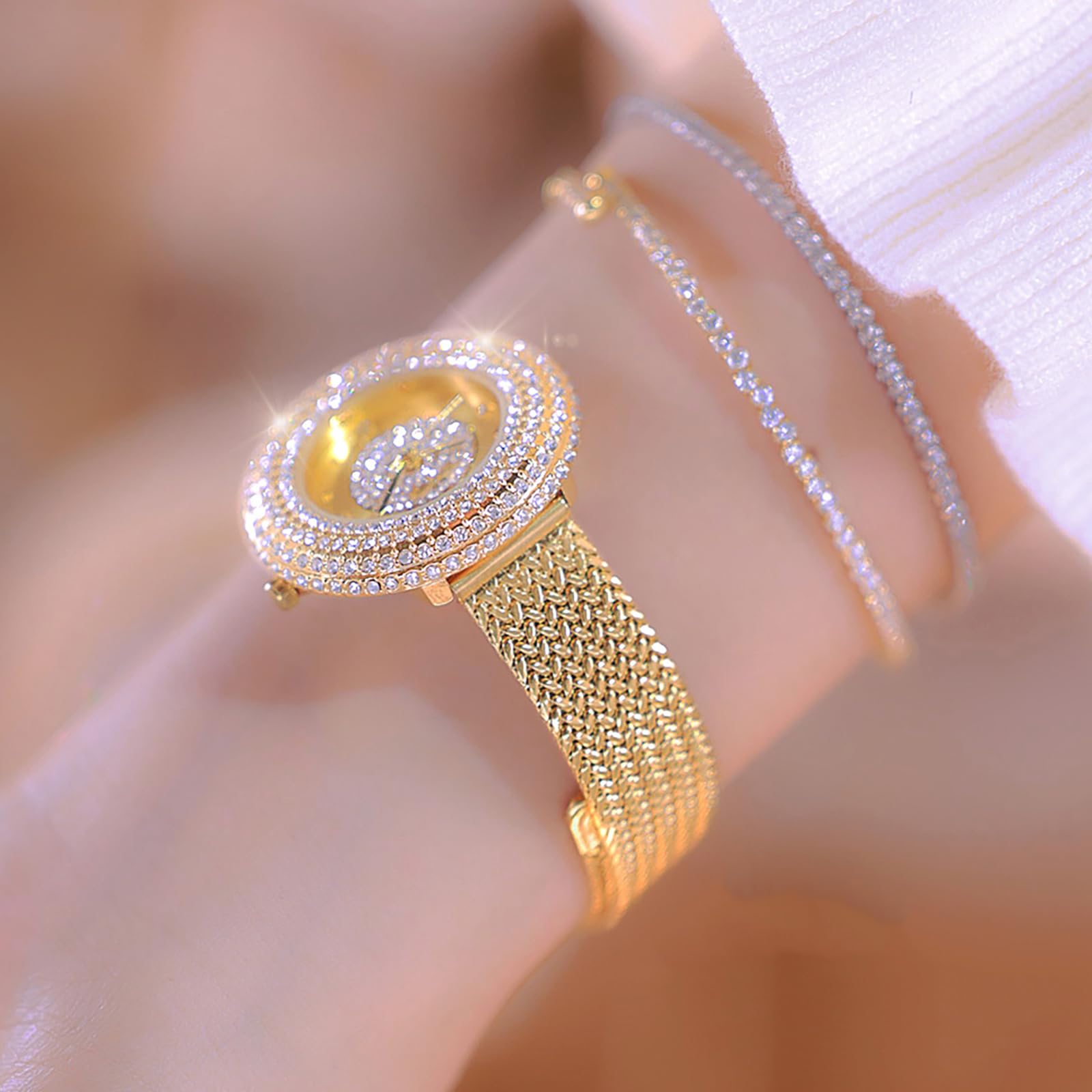 BESTKANG Luxury Womens Watch Round Bling Bling Crystal Rhinestone Diamond Fashion Jewelry Ladies Watch Analog Quartz Waterproof Female Watches for Women (Gold White)