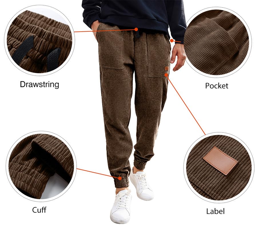 JMIERR Men's Baggy Corduroy Pants Casual Cargo Pants Drawstring Waist Stretch Tapered Joggers Sweatpants Pants with Pocket for Men,US36(L),Brown