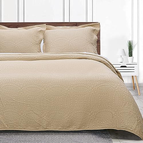 Threadmill Quilts Twin Size Sets | 3-Piece Twin Quilt Set with 2 Pillow Shams - Reversible Soft Breathable and Lightweight Quilt Twin Bedspread Coverlet Bedding Set - Beige