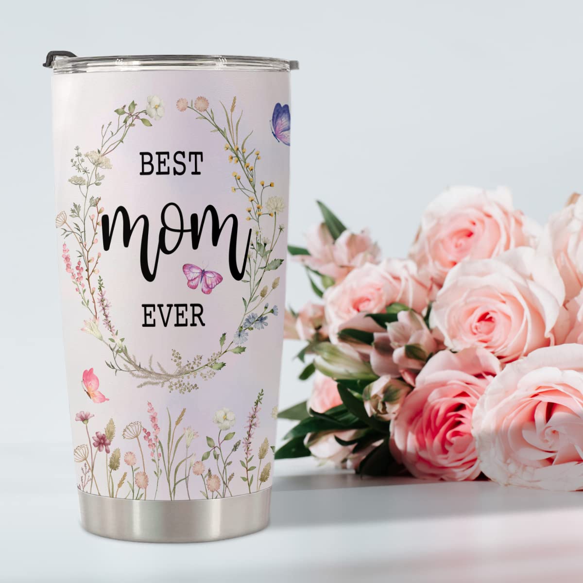 HOMISBES Best Mom Tumbler - She is Strong Vacuum Insulated Stainless Steel Travel Mug with Straw for Mom Birthday Mothers Day - Cute Flora Mom Cups 20oz