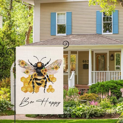 Smilyard Hello Summer Bee Garden Flag 12x18 Inch Vertical Double Sided for Outside, Small Burlap Yellow Bumble Bee Nest Honeycomb Farmhouse Holiday Yard Flag Outdoor Decoration